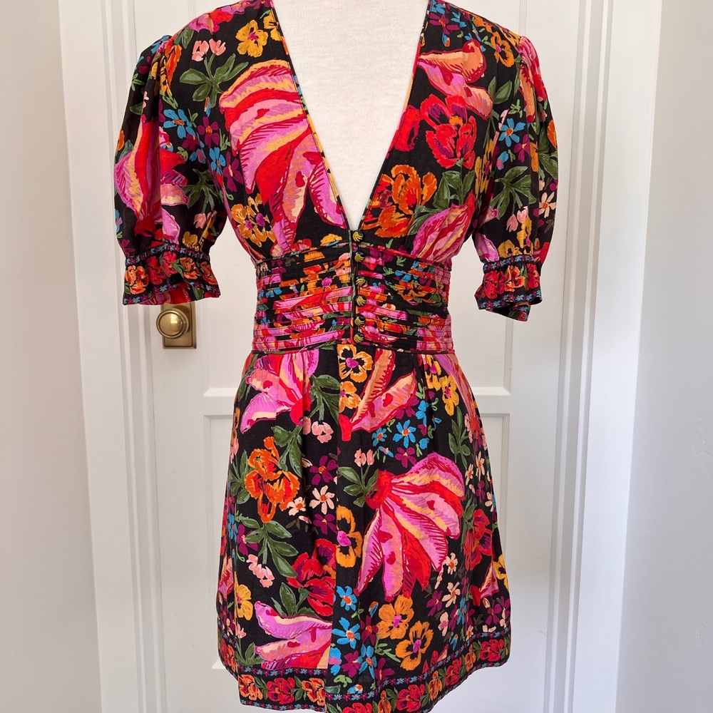 FARM Rio Spring Bananas Print v neck puff sleeves Mini dress